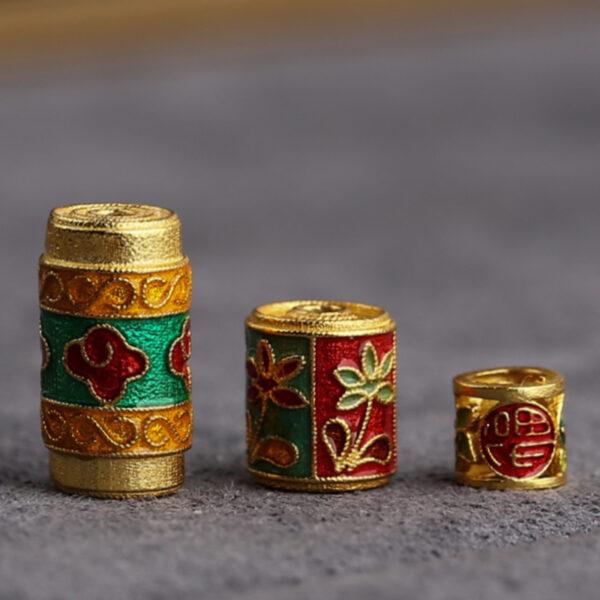 5 pcs / 10 pcs red and green enamel flower and cloud pattern pillar shape s925 sterling silver bead