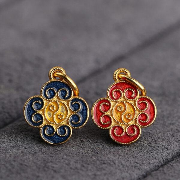 gild sterling silver charm, enamel flower bead with vine pattern, 2 pieces / 5 pieces