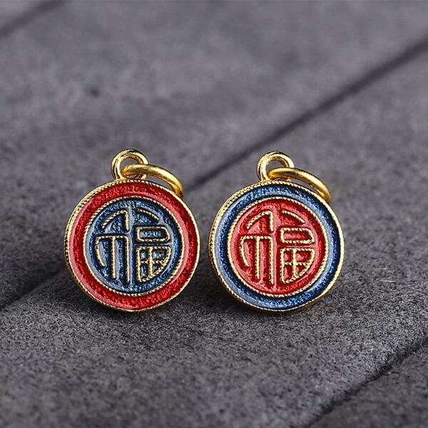 5 pcs / 10 pcs red and blue enamel 福 pattern round shape s925 sterling silver charm